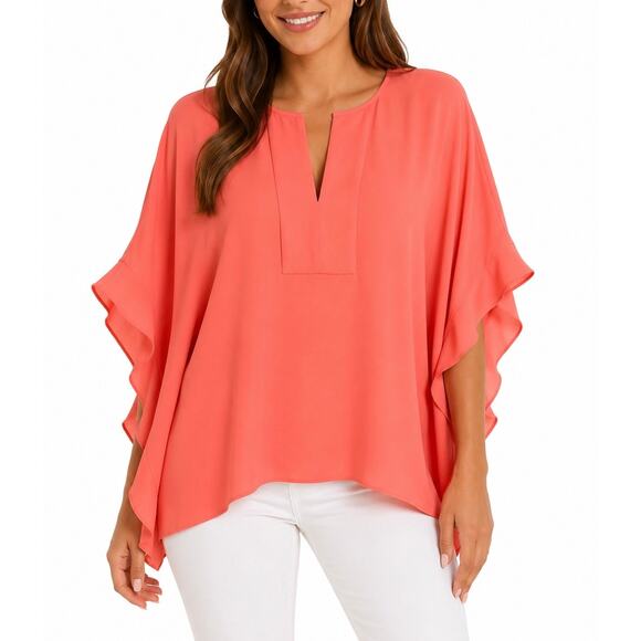 BCBGMAXAZRIA Tops - BCBGMAXAZRIA Coral Poncho Sleeve Tunic Blouse Size M/L Split Neck Flowy Cape Top